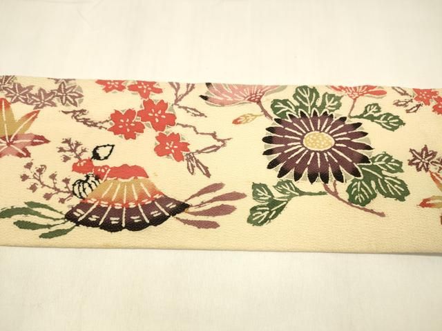 平和屋着物●全通柄　九寸名古屋帯　流水草花文　鬼しぼ縮緬　正絹　逸品　CABA0876hy 平和屋着物○九寸名古屋帯 型染め 流水草花文 鬼しぼ縮緬