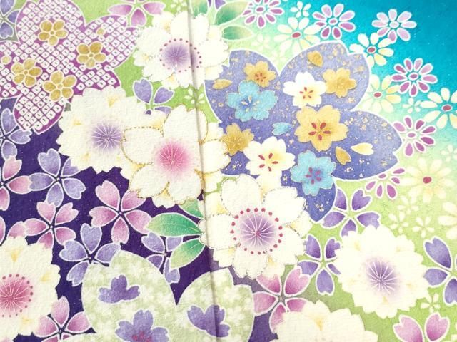 平和屋着物●豪華振袖　舞花文　ラメ糸　暈し染め　銀通し地　正絹　逸品　CAAZ3573yc 平和屋着物○豪華振袖 舞花文 ラメ糸 暈し染め 銀通し地