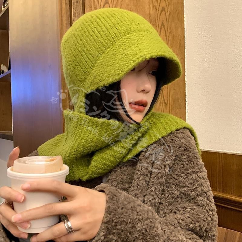 新品未使用緑の帽子マフラー一体女性冬の韓国版保温ニット毛糸帽子小