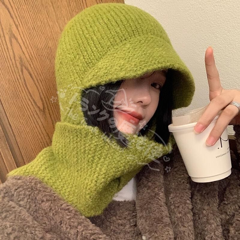 新品未使用緑の帽子マフラー一体女性冬の韓国版保温ニット毛糸帽子小