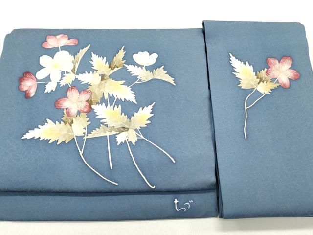 平和屋着物○華道家 楠目ちづ つけ帯 手描き 草花文 銀糸 正絹 逸品 未