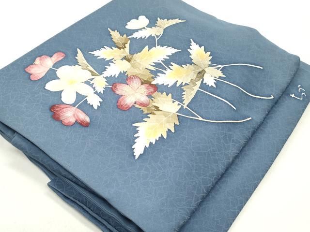 平和屋着物○華道家 楠目ちづ つけ帯 手描き 草花文 銀糸 正絹 逸品 未