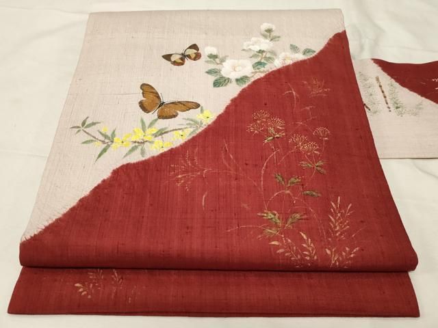 平和屋着物○九寸開き名古屋帯 作家物 ろうけつ染め 草花文 正絹 逸品