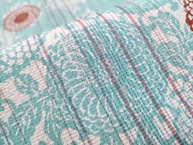 平和屋着物○九寸開き名古屋帯 型染め 菊唐草文 鬼しぼ縮緬 正絹 逸品