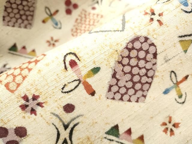 平和屋着物●全通柄　九寸名古屋帯　生紬　型染め　幾何学文様　正絹　逸品　CABA1099hy 平和屋着物○九寸開き名古屋帯 紬地 幾何学文様 正絹 逸品