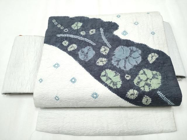 平和屋着物○つけ帯 絞り 舞花文 銀通し地 正絹 逸品 CABA0957hy