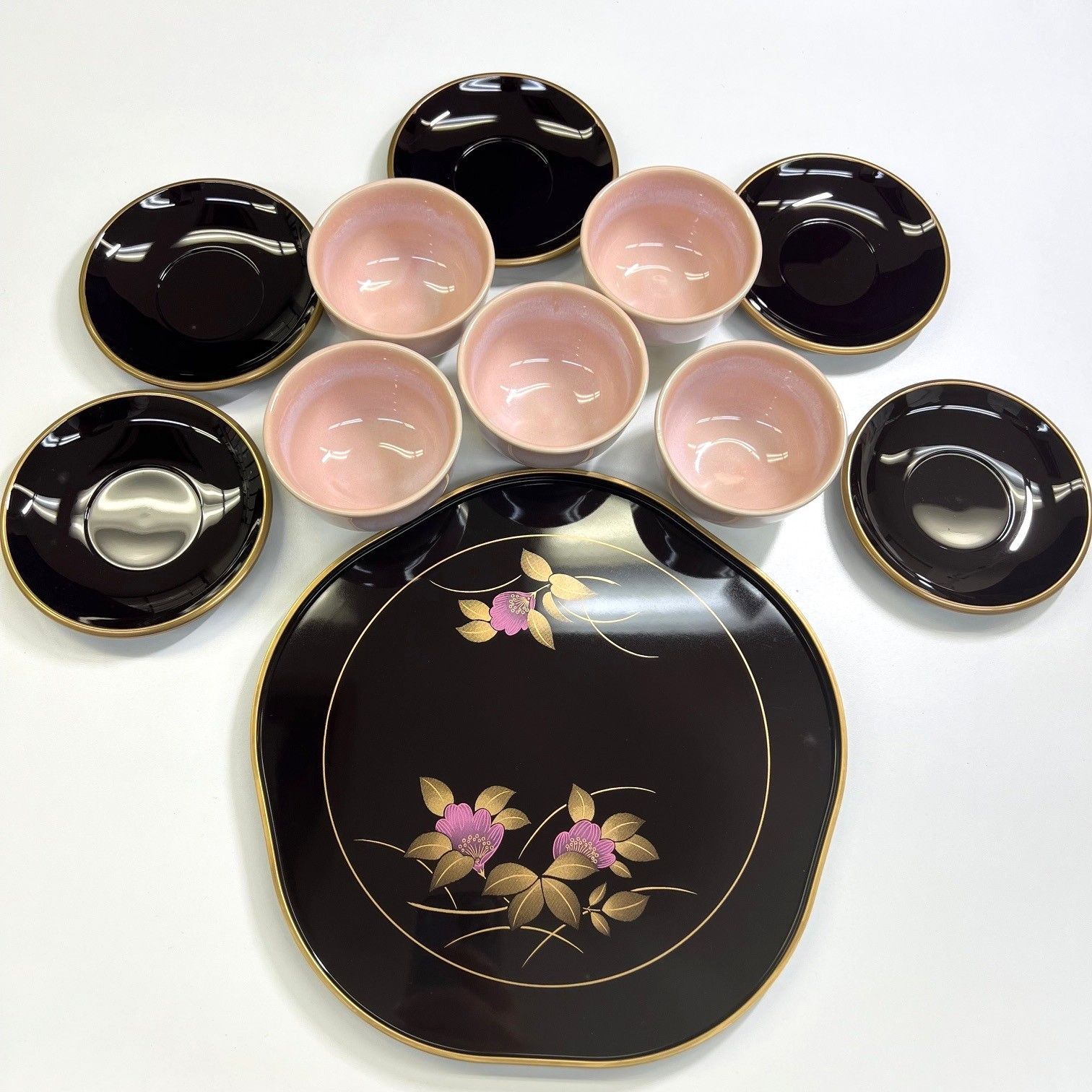 未使用品】山中漆器 梅盆付茶托 牡丹 湯呑5客セット - メルカリ