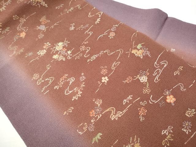 平和屋着物○九寸名古屋帯 型染め 流水草花文 鬼しぼ縮緬