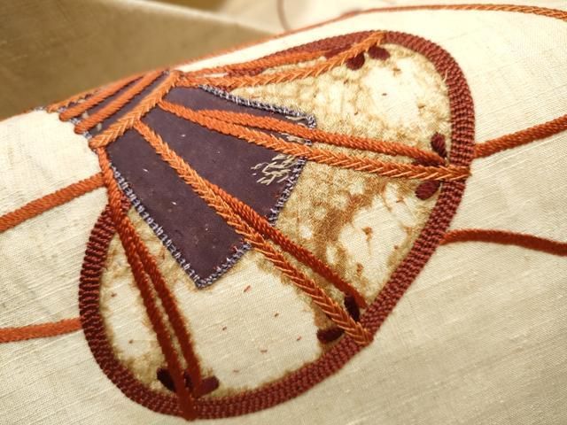 平和屋着物●九寸名古屋帯　生紬　刺繍　パッチワーク　鼓花文　正絹　逸品　CABA0902hy 平和屋着物○九寸名古屋帯 生紬 刺繍 パッチワーク 鼓花文