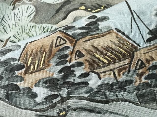 平和屋着物●男性　長襦袢　袷　手描き　風景文　暈し染め　金彩　正絹　逸品　CABA1212gh 平和屋着物○男性 長襦袢 袷 手描き 風景文 暈し染め 金彩 正絹 逸品