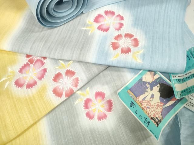 平和屋着物＊夏物　大正の浮世絵師　竹久夢二　夢二ロマン　浴衣　反物　着尺　夢二の詩　撫子間道　綿麻　逸品　未使用　DAAW8181zzz 平和屋着物＊夏物 大正の浮世絵師 竹久夢二 夢二ロマン 浴衣