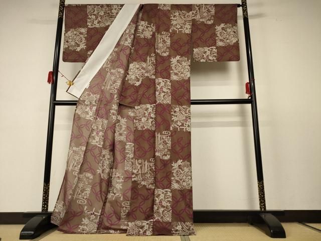 平和屋着物＊夏物 小紋 絽 七宝草花文 洗える着物 AABC9844jd