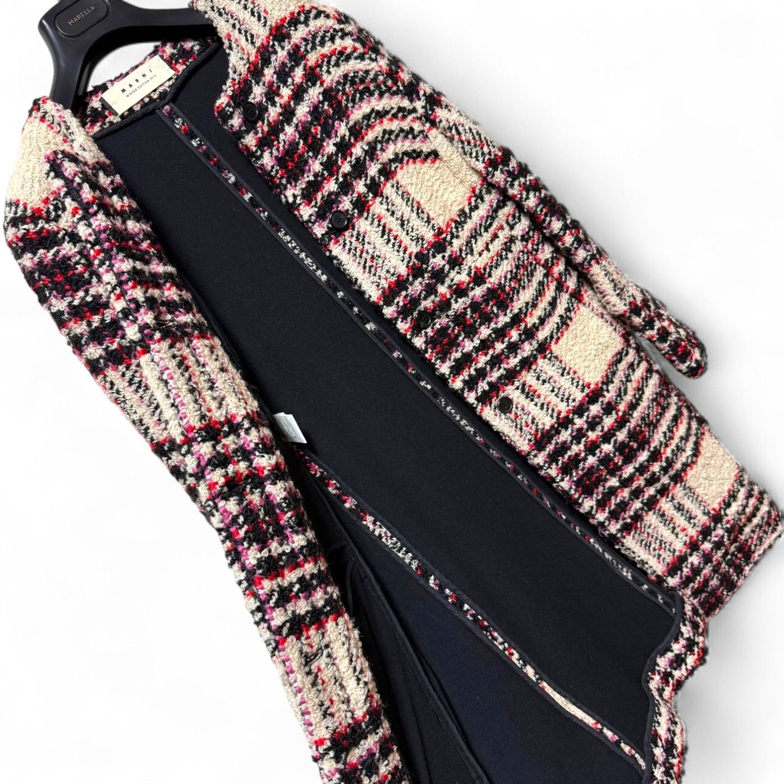 美品 MARNI マルチノーカラー ツイード チェック柄ロングコート ウール