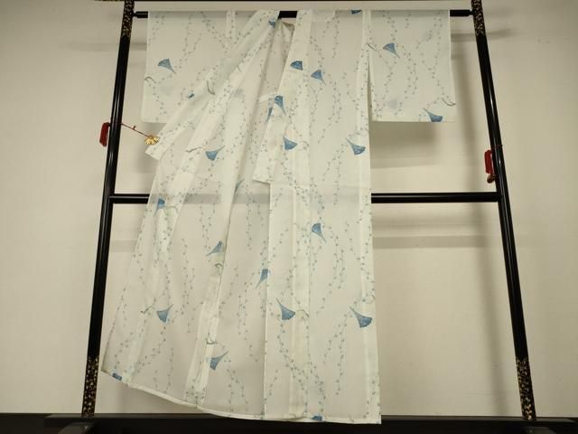 平和屋着物＊夏物 小紋 絽 扇子花文 洗える着物 AABC9405jd