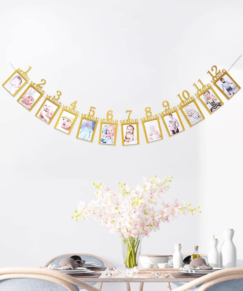 写真 ガーランド フォトフレーム 飾り付け 1歳 12ヶ月 バースディ パーティー お祝い 装飾 壁掛け 写真フレーム 写真立て 記念日 赤ちゃん 結婚 ひも付き ゴールド