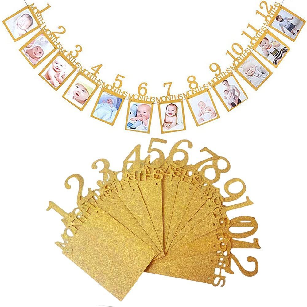 写真 ガーランド フォトフレーム 飾り付け 1歳 12ヶ月 バースディ パーティー お祝い 装飾 壁掛け 写真フレーム 写真立て 記念日 赤ちゃん 結婚 ひも付き ゴールド