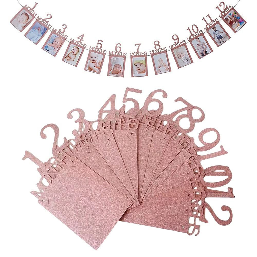 ひも付き 結婚 赤ちゃん 記念日 写真立て 写真フレーム 壁掛け 装飾 お祝い パーティー ローズゴールド バースディ 12ヶ月 1歳 飾り付け フォトフレーム ガーランド 写真