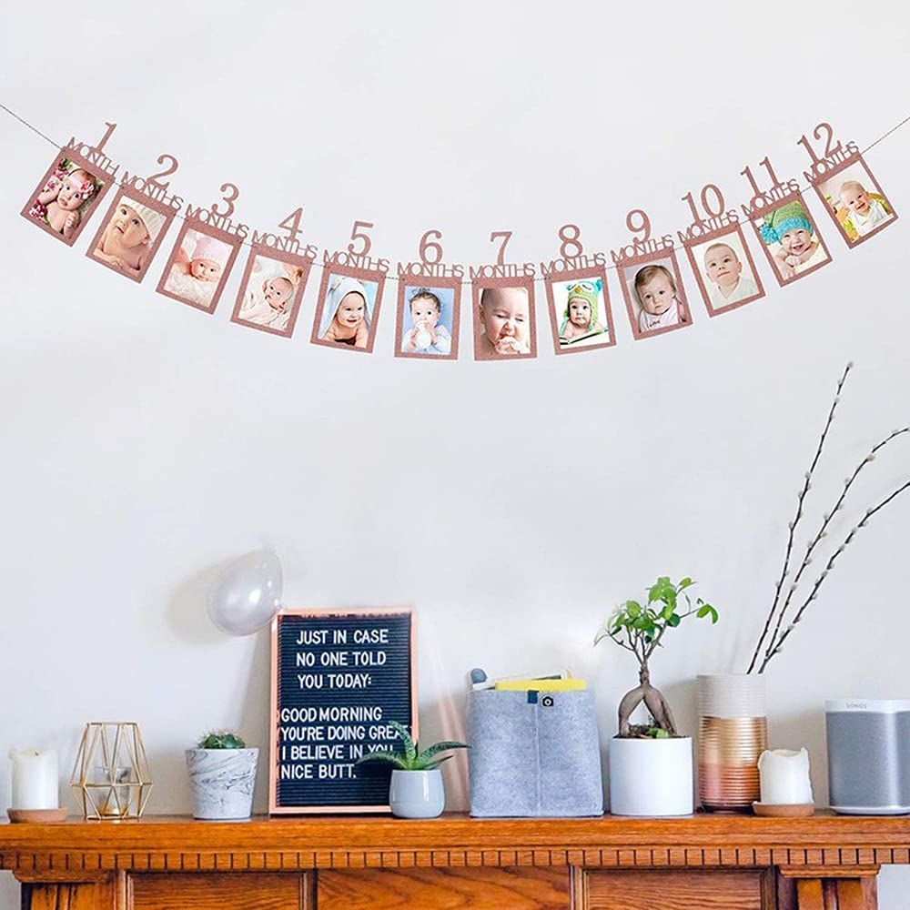 ひも付き 結婚 赤ちゃん 記念日 写真立て 写真フレーム 壁掛け 装飾 お祝い パーティー ローズゴールド バースディ 12ヶ月 1歳 飾り付け フォトフレーム ガーランド 写真