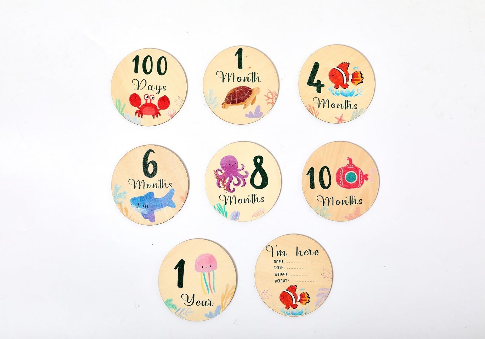 ベビーマンスリーカード セット 海洋動物 ウッド 月齢フォト 天然木材 ニューボーンフォト 写真道具 Babe 成長記録 新生児 赤ちゃん Promise 出産祝い 収納箱なし