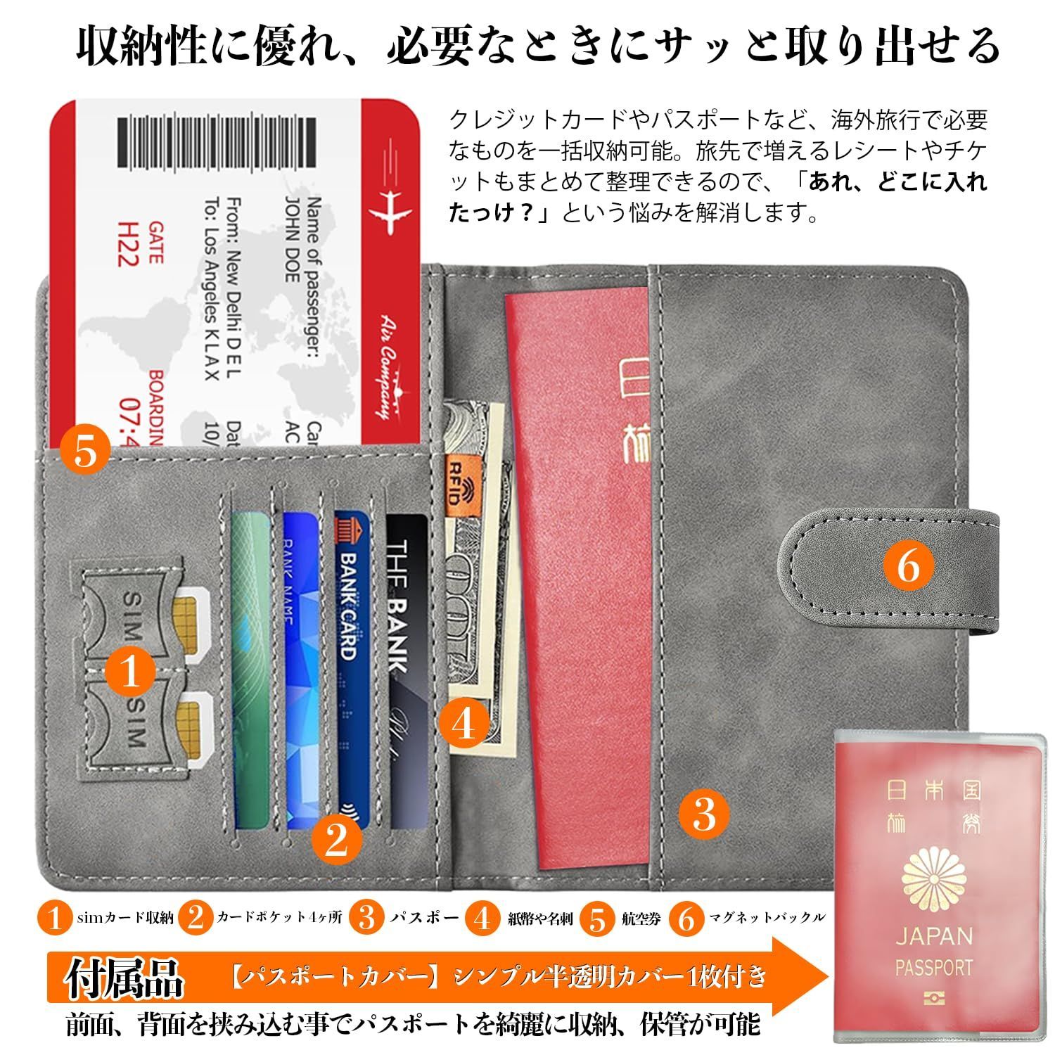 ラベルウォレット PUレザー カードケース 軽量 パスポート コンパクト 収納ポケット おしゃれ パスポートカバー 海外旅行 スキミング防止 旅行用品 パスポートケース 透明パスポートカバー付き Hueapion グレー-タイプ2
