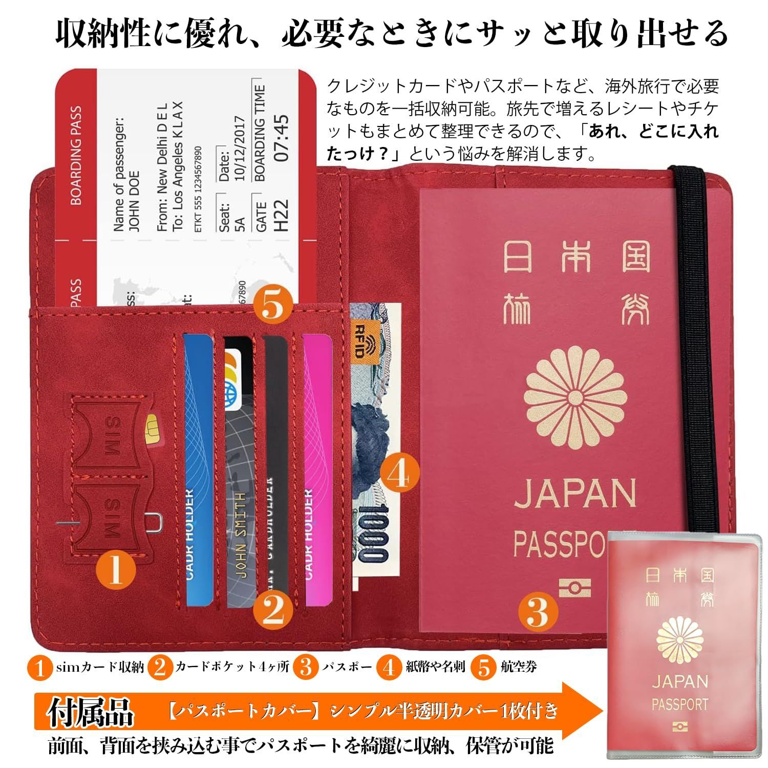  数量 PUレザー ラベルウォレット 軽量 カードケース コンパクト パスポート おしゃれ 収納ポケット 海外旅行 パスポートカバー 旅行用品 スキミング防止 透明パスポートカバー付き パスポートケース レッド Hueapion パスポートケース カバー 旅行かばん 小分けバッグ