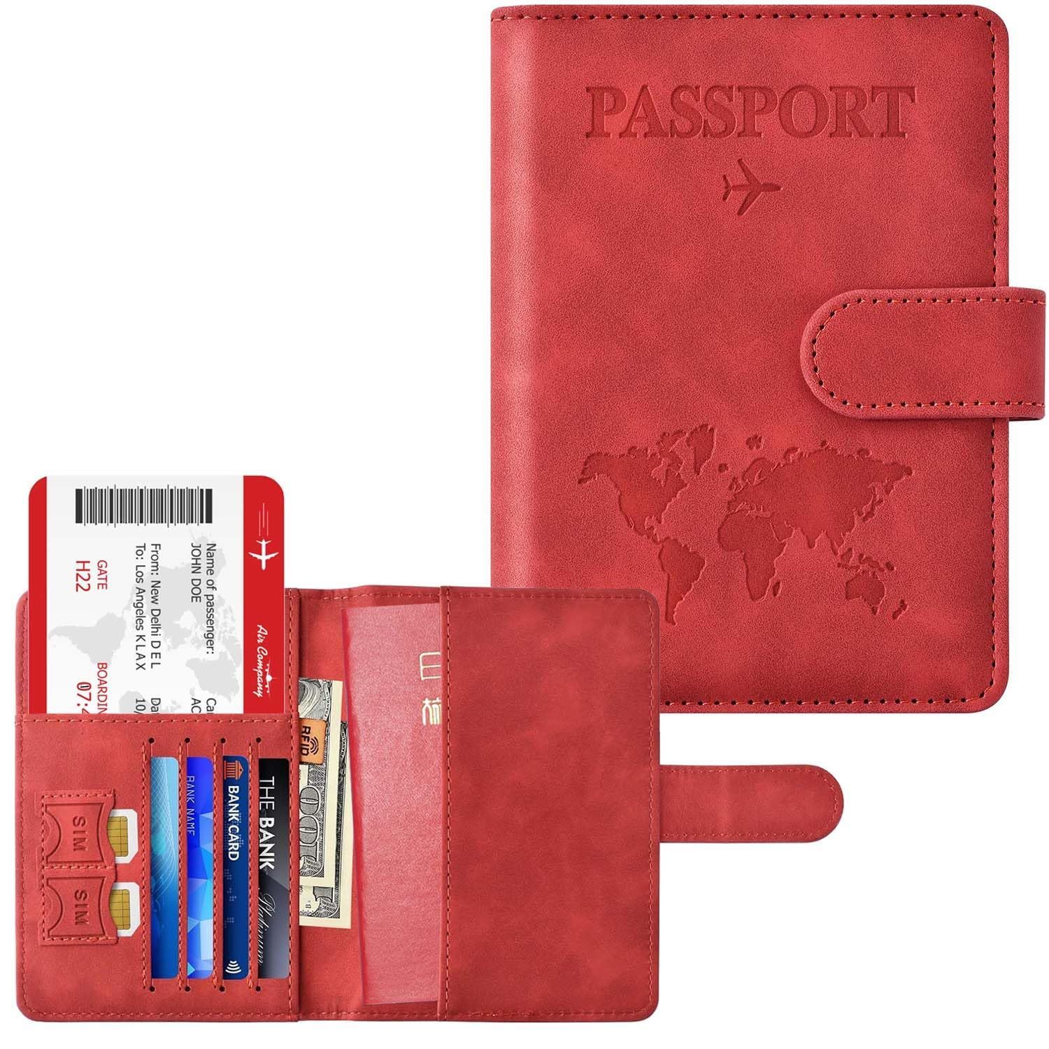 パスポート カードケース ラベルウォレット 収納ポケット PUレザー パスポートカバー 軽量 コンパクト スキミング防止 おしゃれ 海外旅行 パスポートケース 旅行用品 透明パスポートカバー付き Hueapion レッド タイプ2
