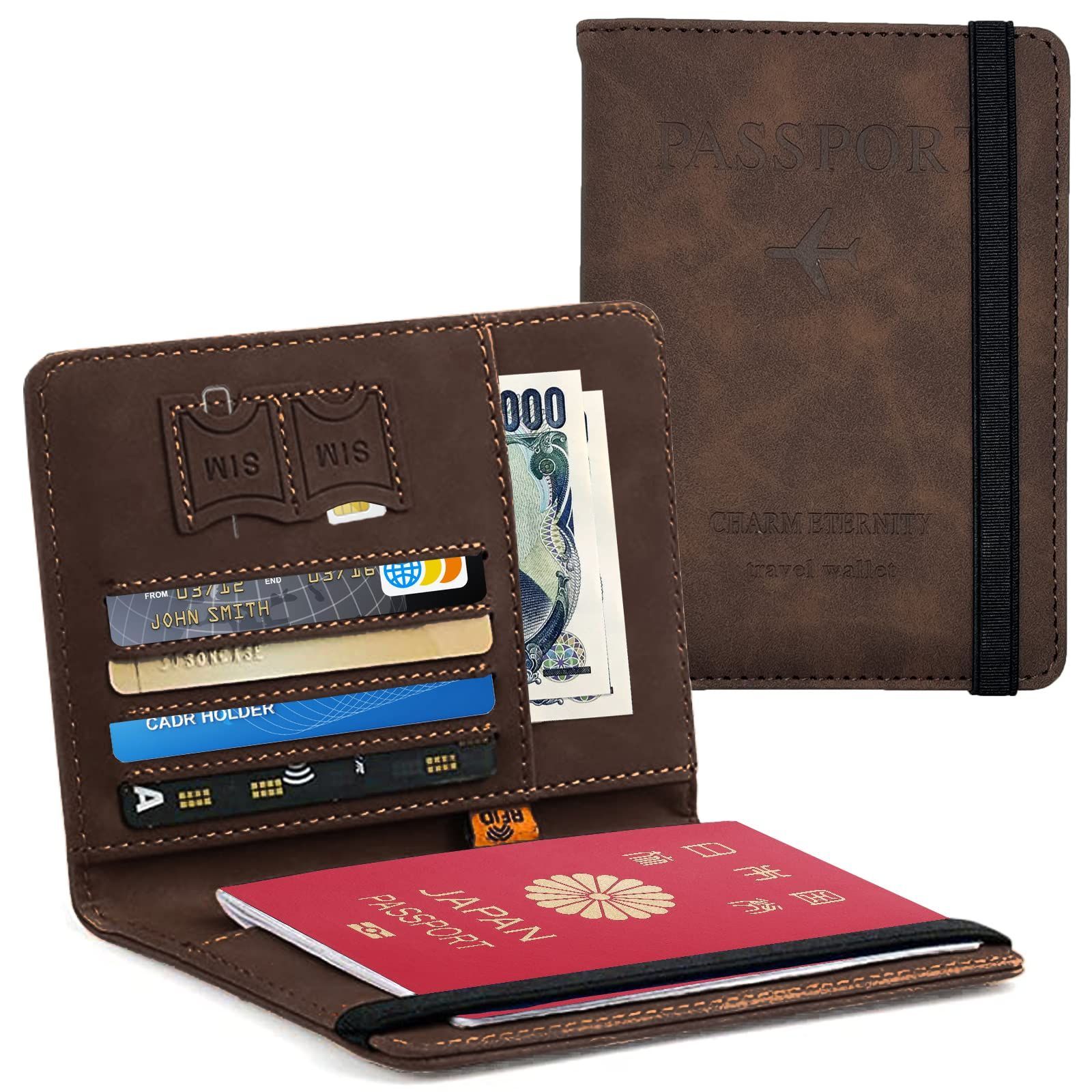 透明パスポートカバー付き 旅行用品 海外旅行 おしゃれ コンパクト 茶色 軽量 PUレザー ラベルウォレット カードケース パスポート 収納ポケット パスポートカバー スキミング防止 パスポートケース Hueapion