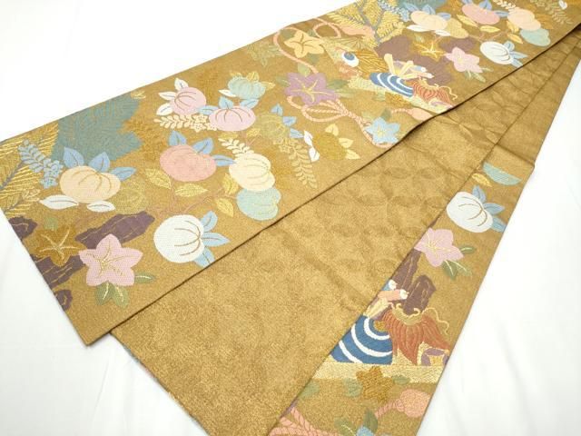 平和屋着物○六通柄袋帯 唐織 宝尽くし花文 金糸 反端付き 正絹 逸品
