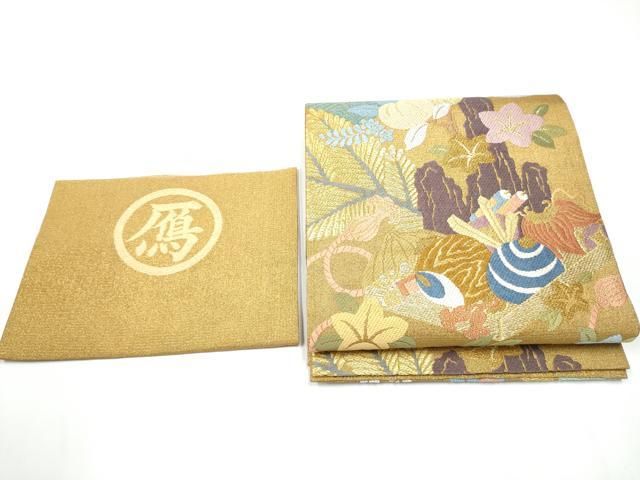 平和屋着物○六通柄袋帯 唐織 宝尽くし花文 金糸 反端付き 正絹 逸品