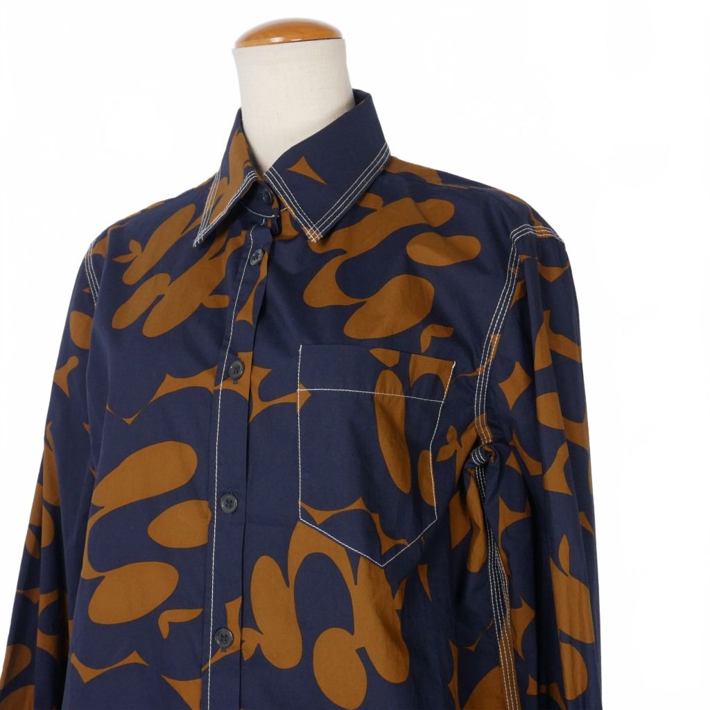 マルニ MARNI 19SS コットン ポプリン プリントシャツ 総柄 長袖 44 紺