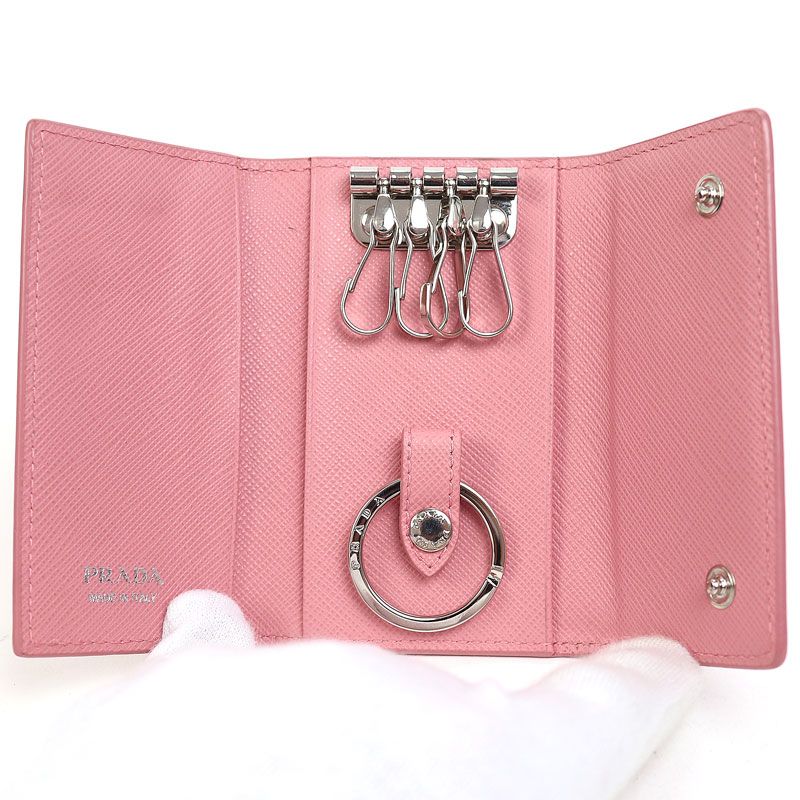 極美✨プラダ ケース キーリング サフィアーノレザー ロゴ金具 ピンク プラダ トライアングルロゴ サフィアーノ プリントレザー キーケース4