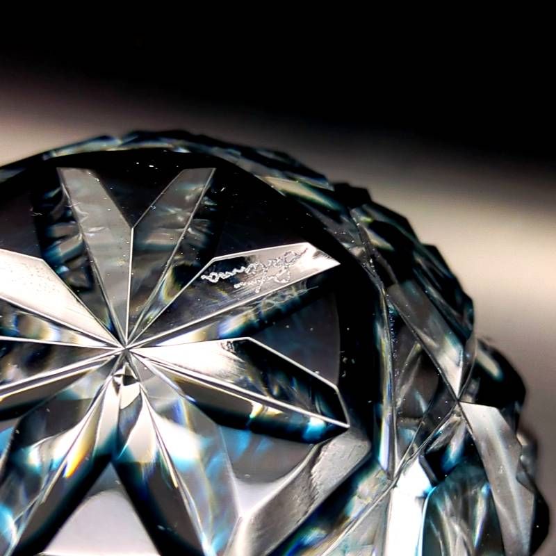 薩摩びーどろ工芸 薩摩切子 樽型オールド 藍 未使用 ロックグラス 共箱