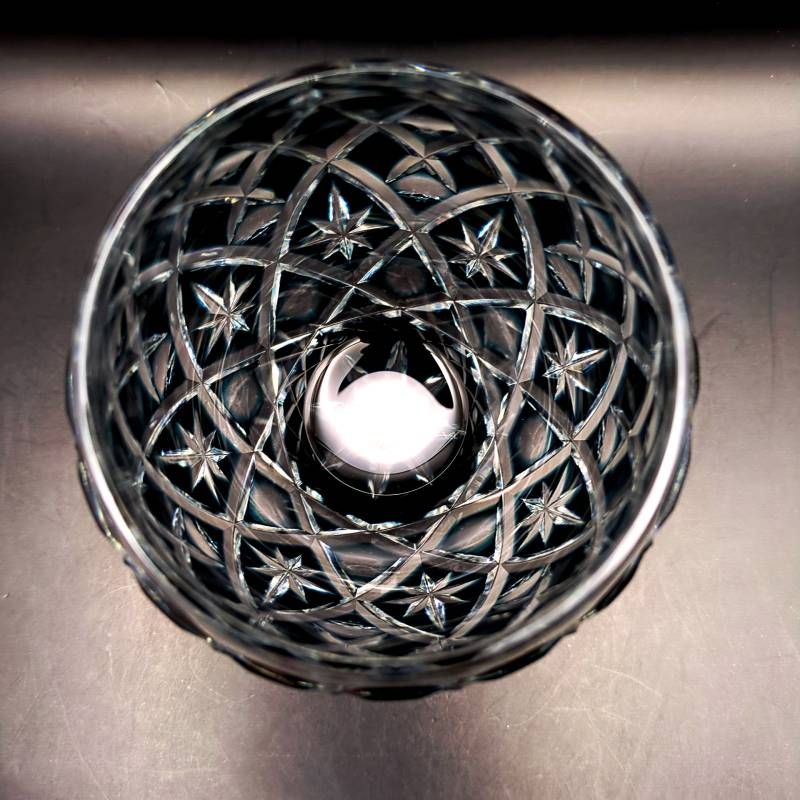 薩摩びーどろ工芸 薩摩切子 樽型オールド 藍 未使用 ロックグラス 共箱