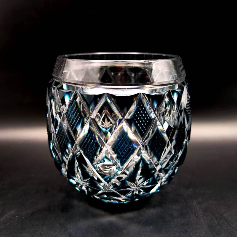 薩摩びーどろ工芸 薩摩切子 樽型オールド 藍 未使用 ロックグラス 共箱