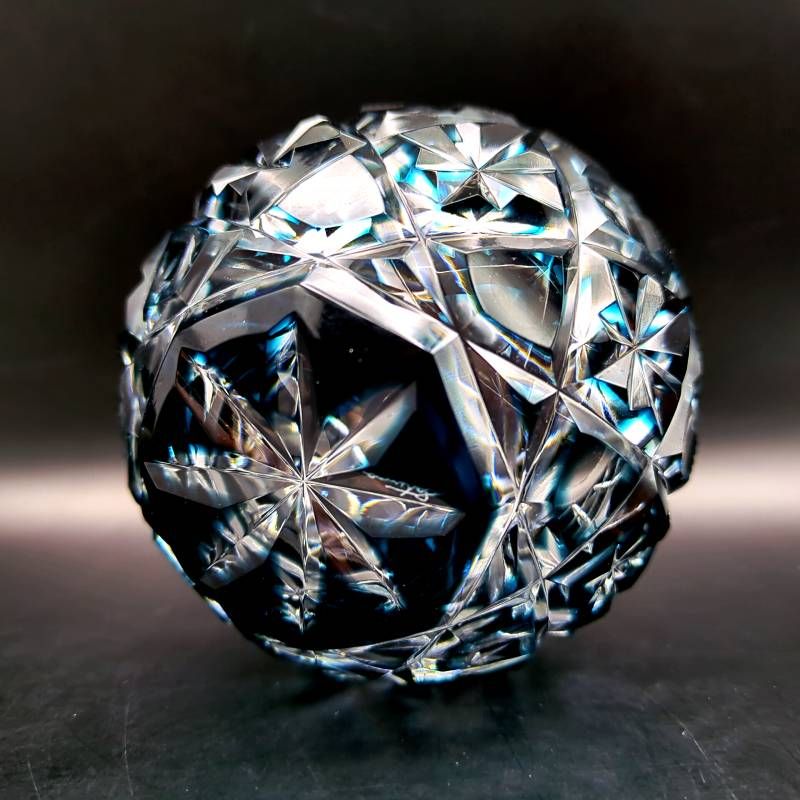 薩摩びーどろ工芸 薩摩切子 樽型オールド 藍 未使用 ロックグラス 共箱