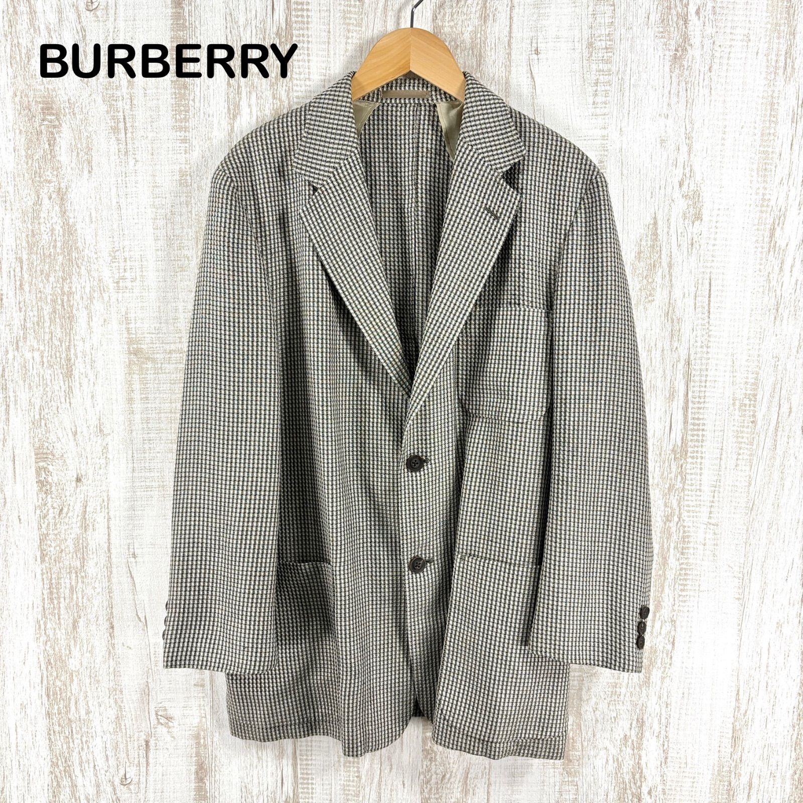 【美品/XL】バーバリーロンドン テーラードジャケット 背抜き メガチェック 黒 BURBERRY LONDON バーバリーロンドン チェック ウール シルク リネン