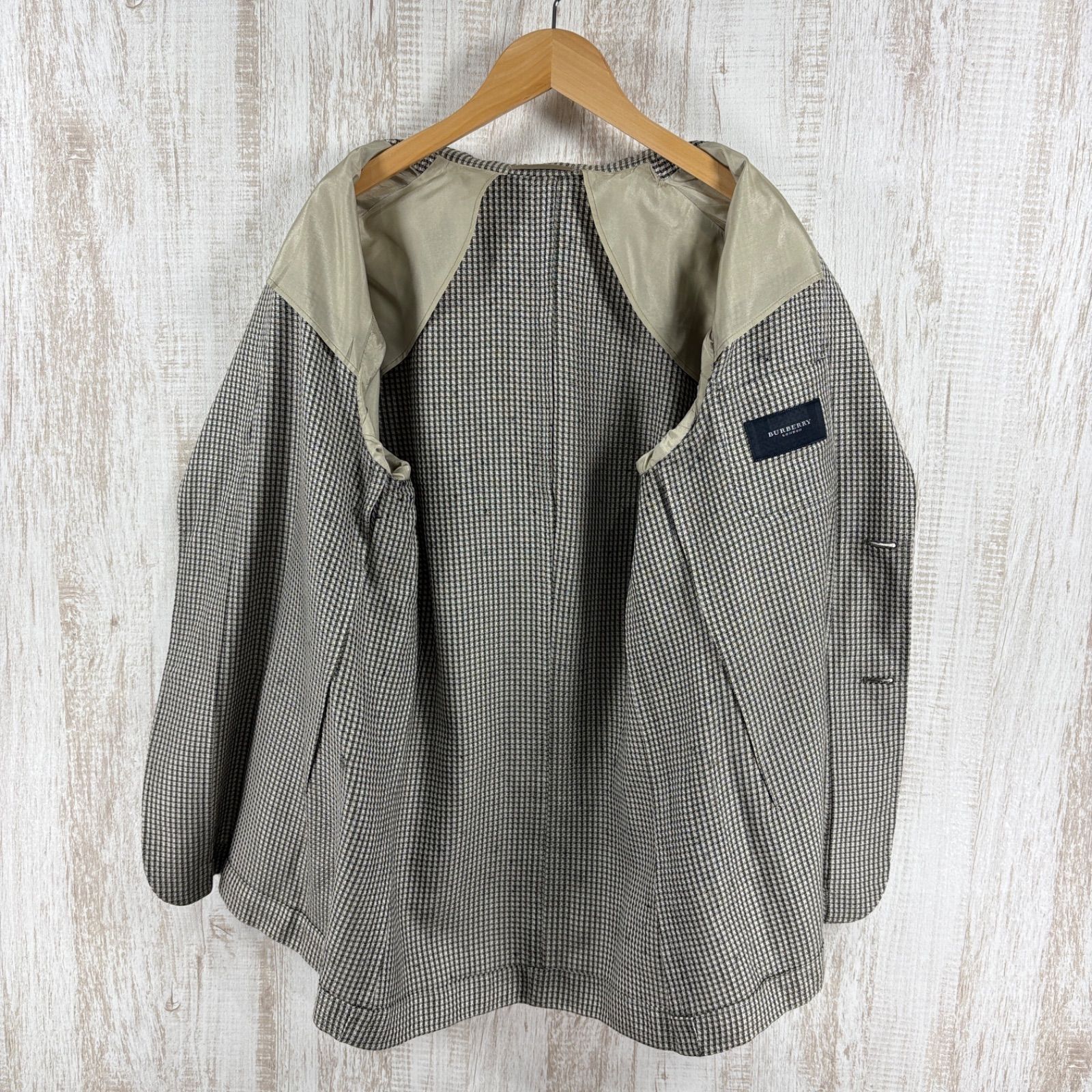 【美品/XL】バーバリーロンドン テーラードジャケット 背抜き メガチェック 黒 BURBERRY LONDON バーバリーロンドン チェック ウール シルク リネン