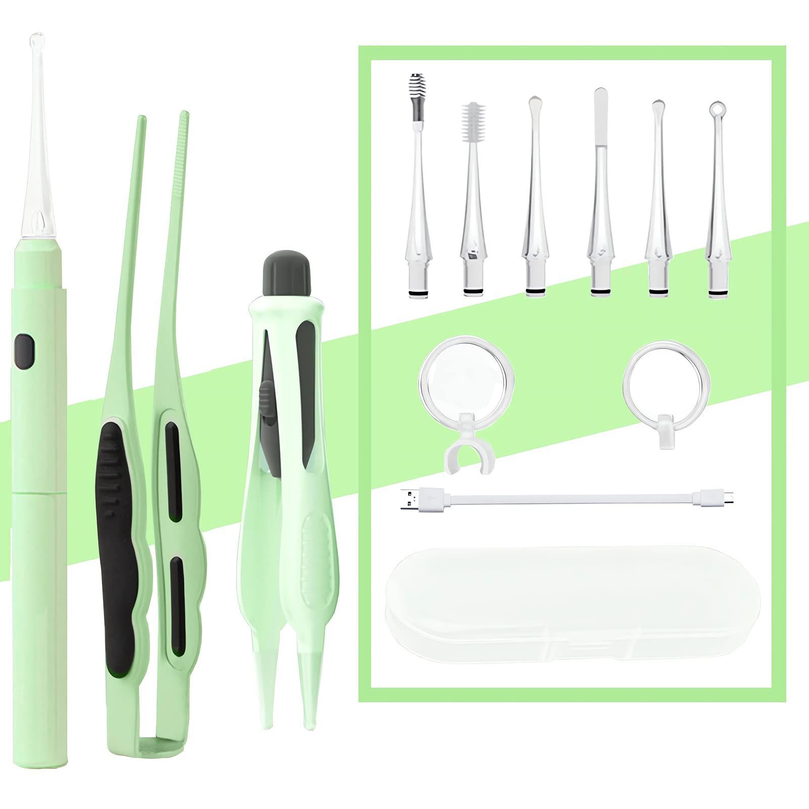 数量 ルーペ 耳掃除 光る耳かき マルチスタイルの交換 なイヤーチップ 子供用 USB充電式 お年寄り用 家庭用 LEDライト付き耳かき 耳かき ライト イヤークリーナー 収納付き 携帯便利 グリーン