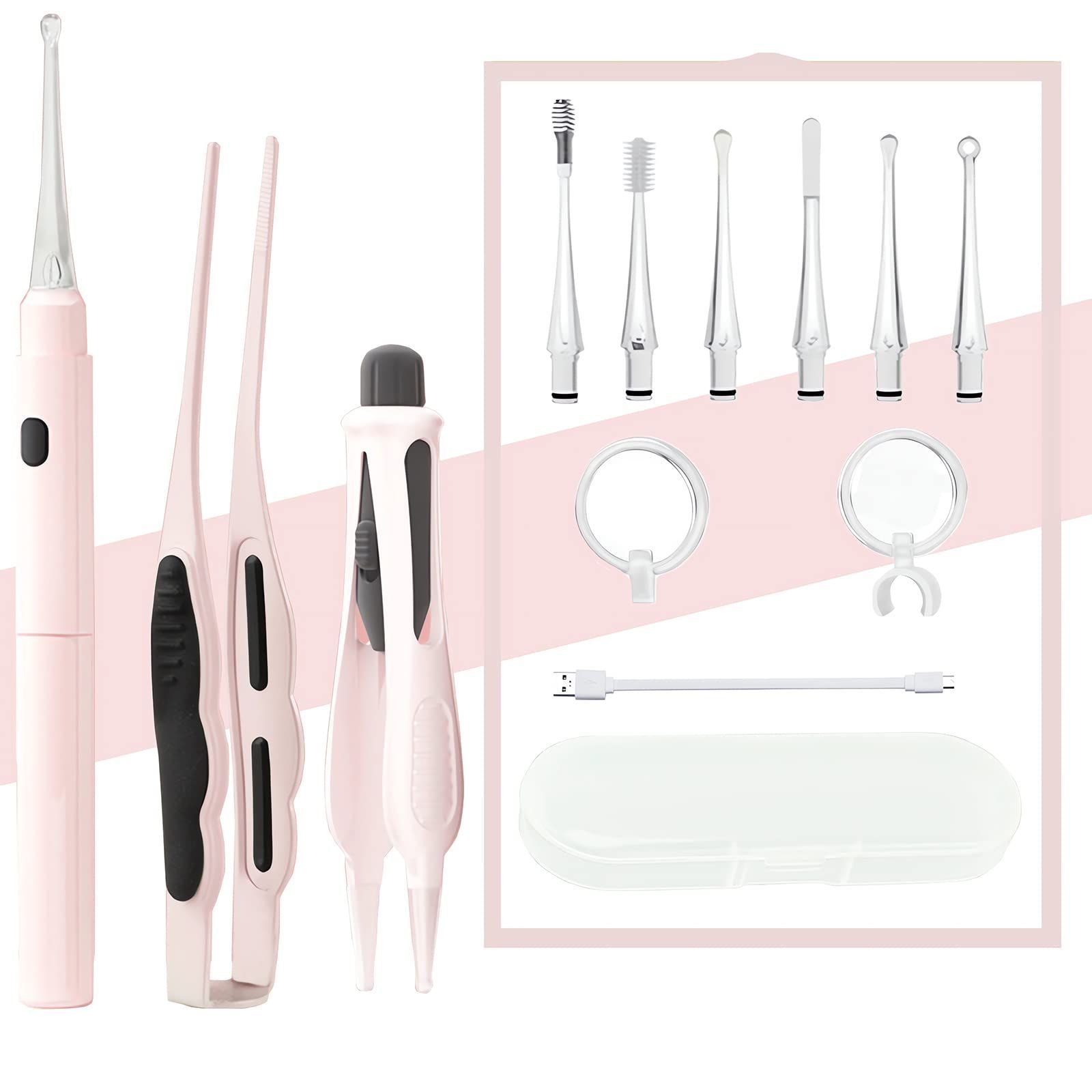 数量 光る耳かき 子供用 お年寄り用 耳掃除 家庭用 耳かき ライト イヤークリーナー マルチスタイルの交換 なイヤーチップ 収納付き ルーペ 携帯便利 USB充電式 ピンク LEDライト付き耳かき