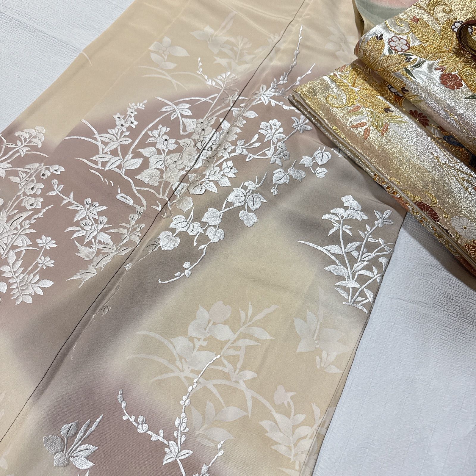 訪問着　袋帯　フルセット　刺繍　正絹　薄オレンジ 訪問着 袋帯 フルセット 刺繍 正絹 薄オレンジ - メルカリ