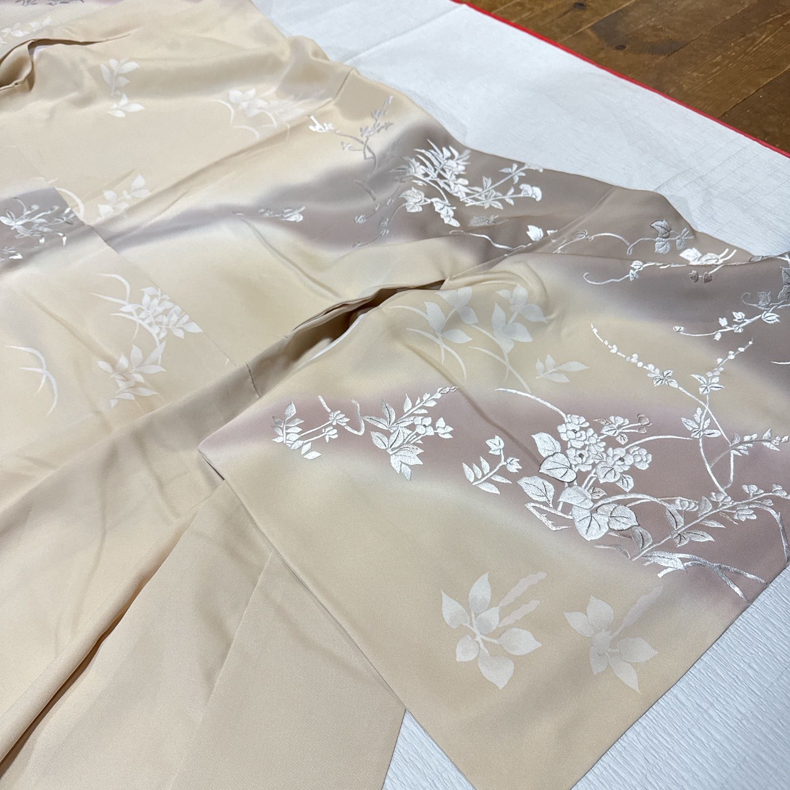 訪問着　袋帯　フルセット　刺繍　正絹　薄オレンジ 訪問着 袋帯 フルセット 刺繍 正絹 薄オレンジ - メルカリ