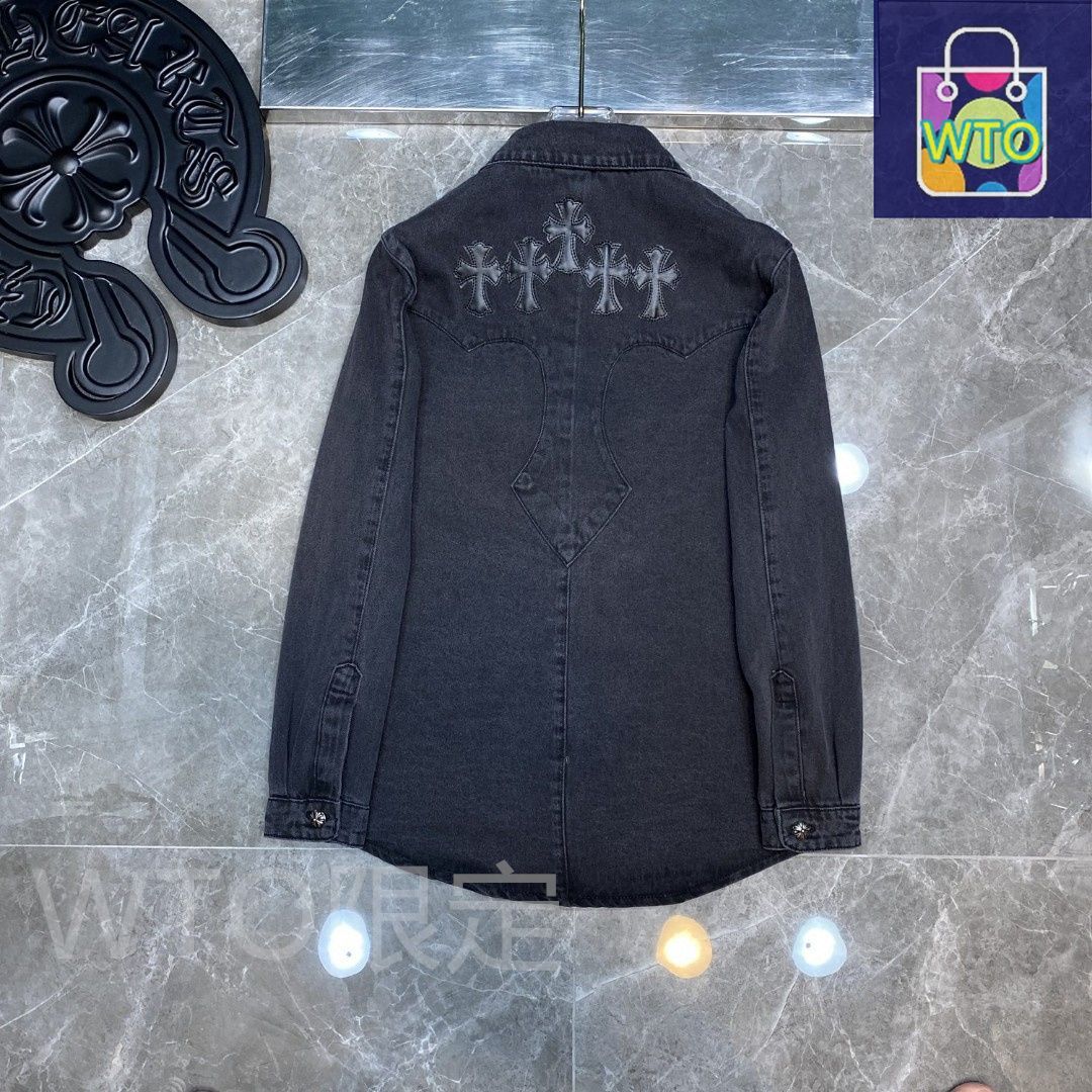 本日限定特価】Chrome Hearts メンズ デニムシャツ 刺繍＆レザーパッチ