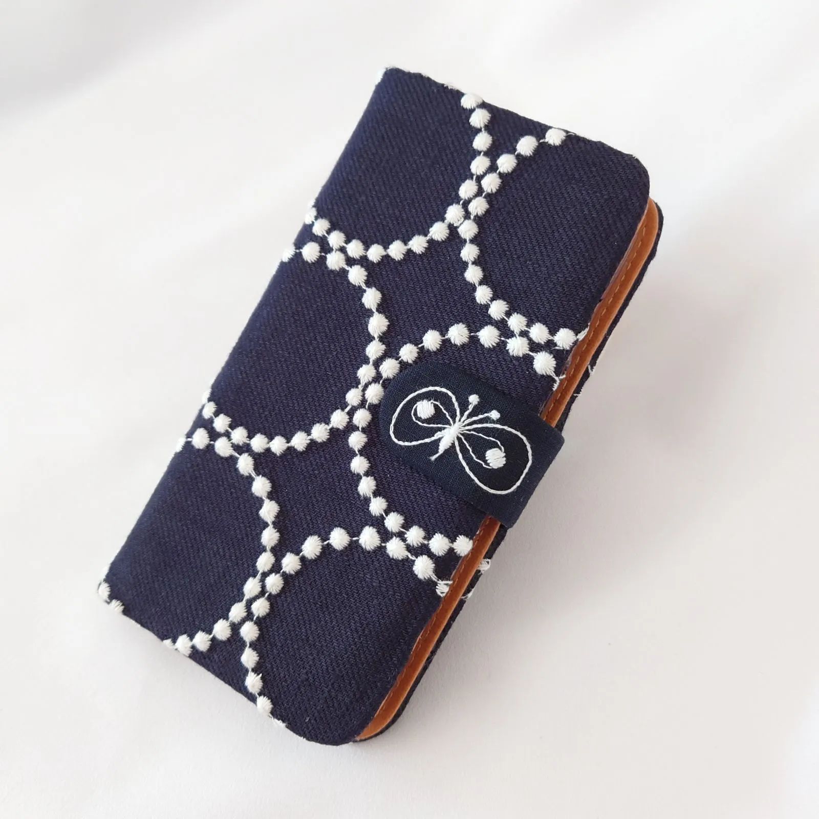 受注製作】ネイビー×ホワイト タンバリン 手帳型スマホケース ミナ