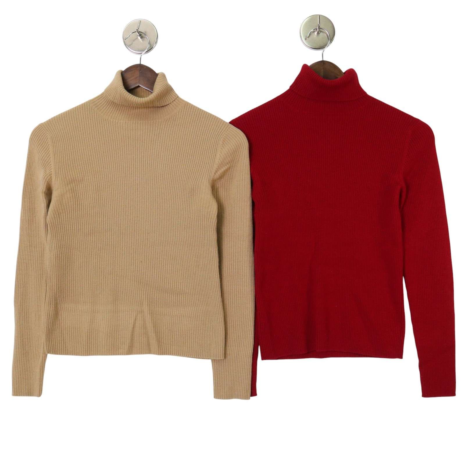 美品✨45R タートルネック 綿100% R刺繍 リブ ニット ベージュ 2 TK16426] tumugu(ツムグ)コットンリブニット ロングタートルネック