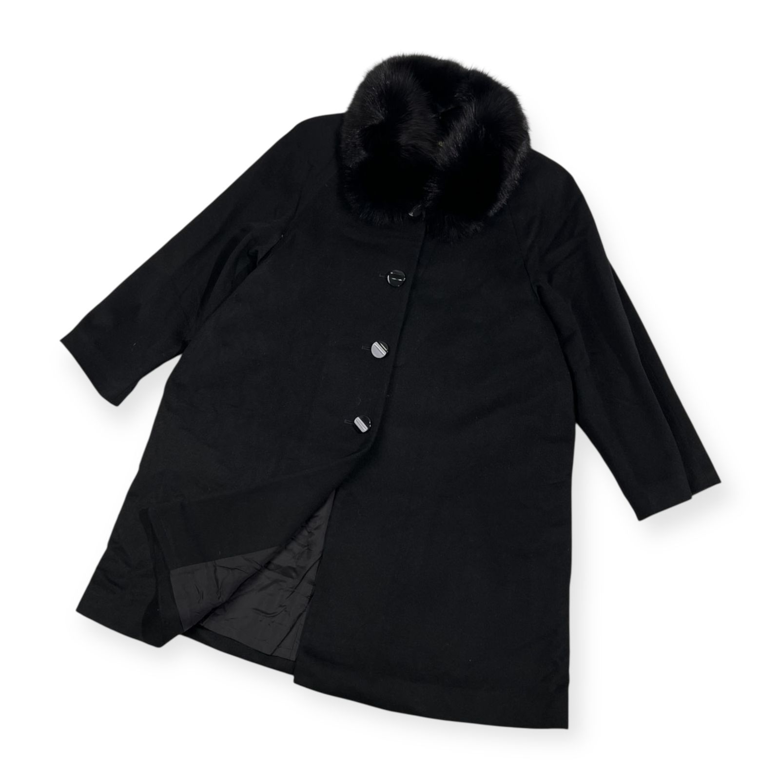 美品✨ PURE CASHMERE ファー付き コート ブラック 早い者勝ち カシミヤ100% 毛皮ファー付き PURE CASHMERE 高級 ピュアカシミヤ