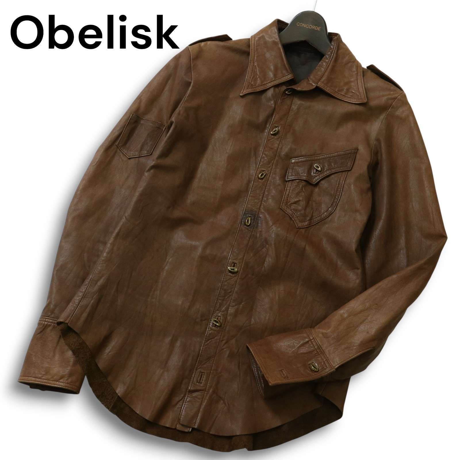 【00sY2K VINTAGE】Obelisk オベリスク 秋冬 リアル レザー 長袖 ミリタリー シャツ ジャケット Sz.S位 メンズ