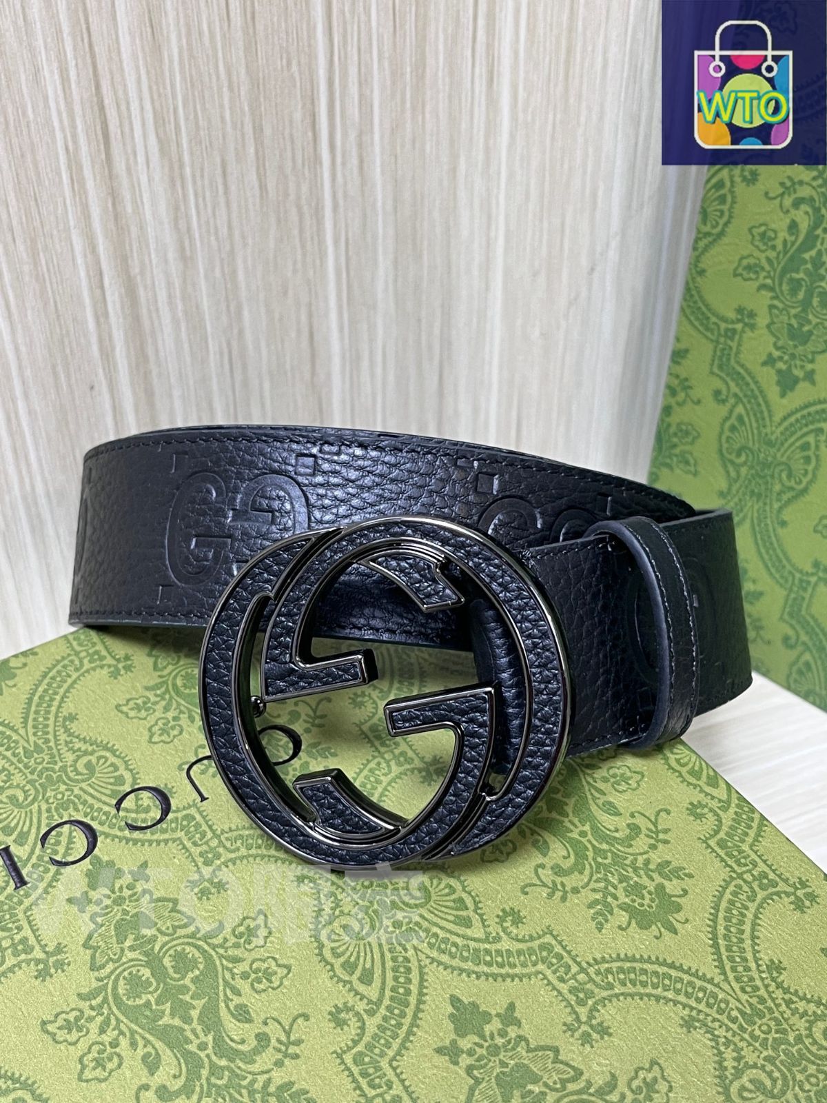 GUCCI レザーベルト 黒×GG柄裏地 98cm±5 幅2.8 1082 GUCCI ブラック