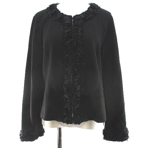 INGEBORG 黒 カーディガン 11号 フリンジ付き インゲボルグ INGEBORG 長袖 カーディガン 11 黒系 ブラック 花