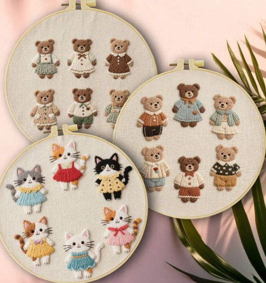 1セット 刺繍セット 20x20 cm/7.9x7.9インチ かわいいテディベア