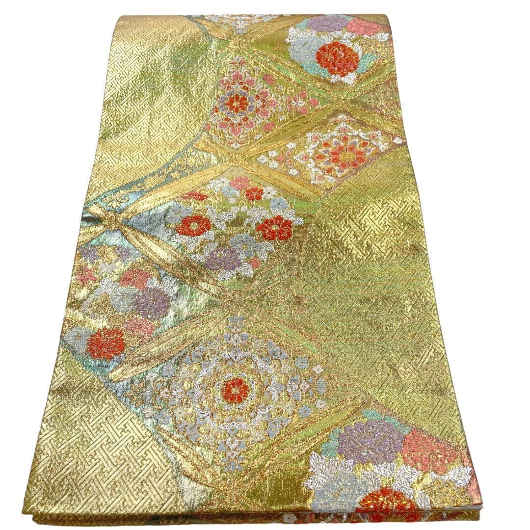 袋帯 正絹 金糸 七宝 華紋 ゴールドラメ 振袖 成人式 フォーマル着物 kimonolove リユース品 オゾン消臭サービス AO 0548